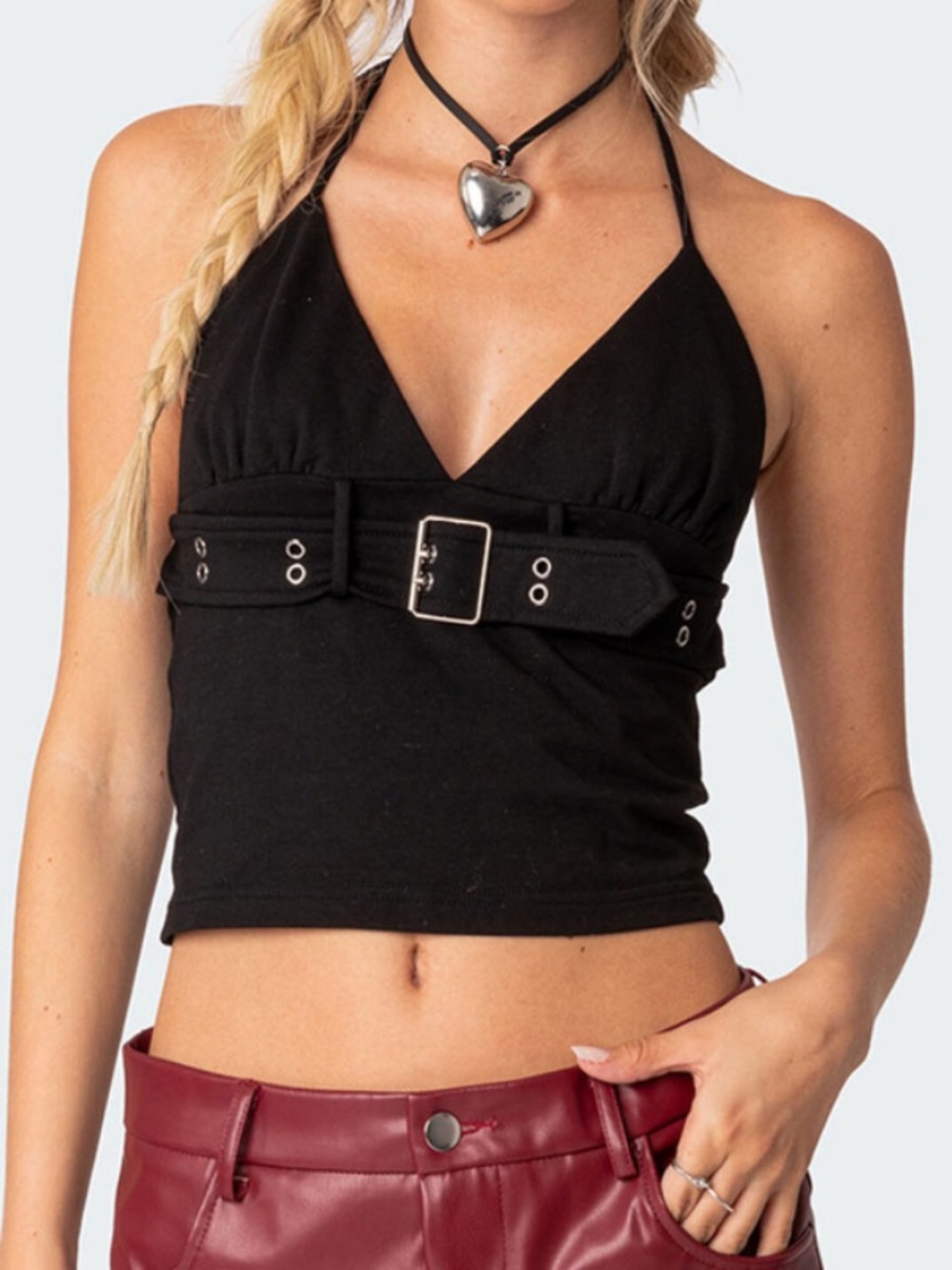 Edikted Black Halter Tank Top with Belt Detail